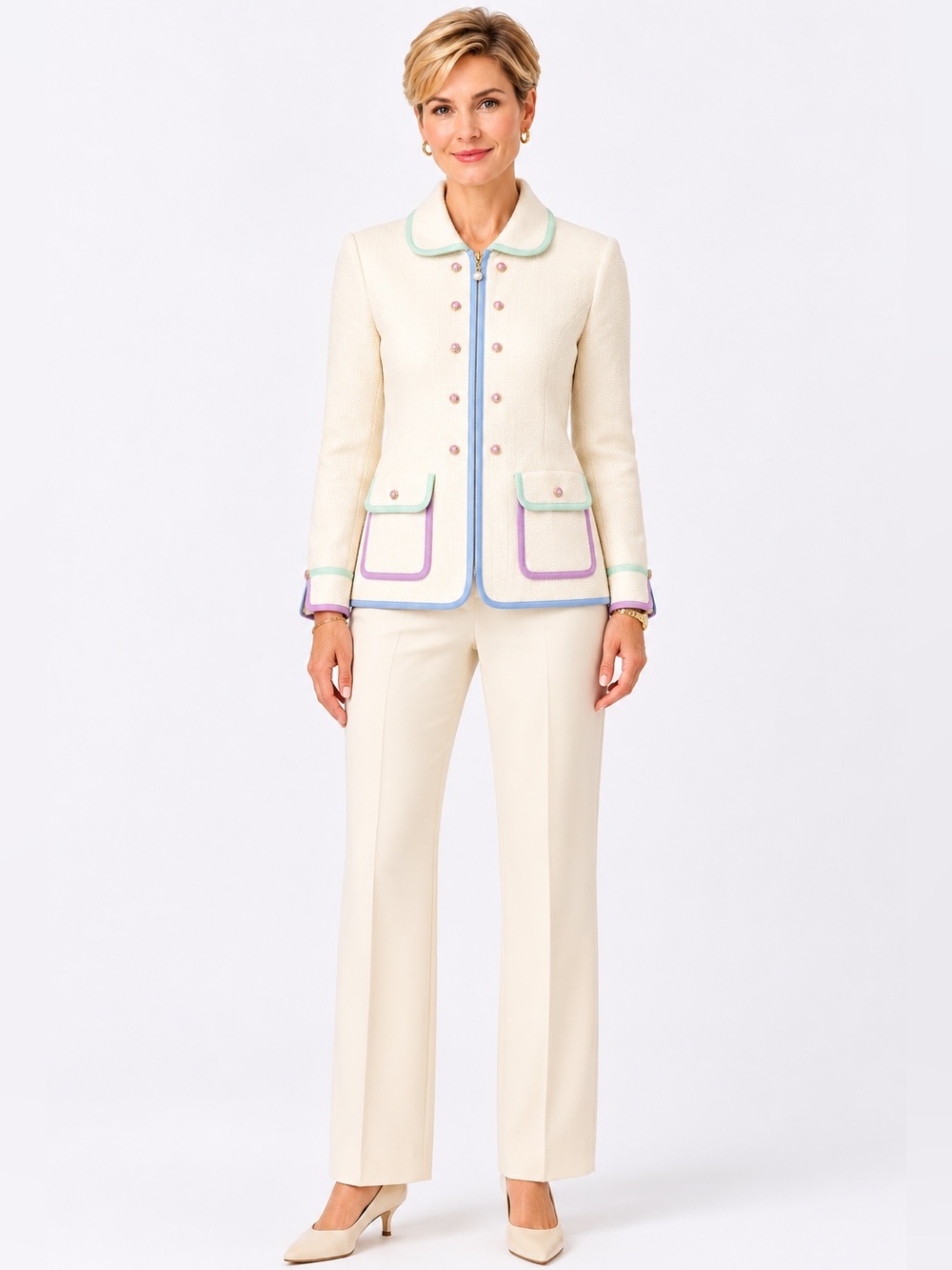 ST. JOHN Vintage Santana Knit Cream Blazer Zip Front Pearl Buttons (Altered) 16
